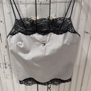 Vintage Tommy Hilfiger Black White Plaid Camisole Cami Tank Top Size M Lace Rare